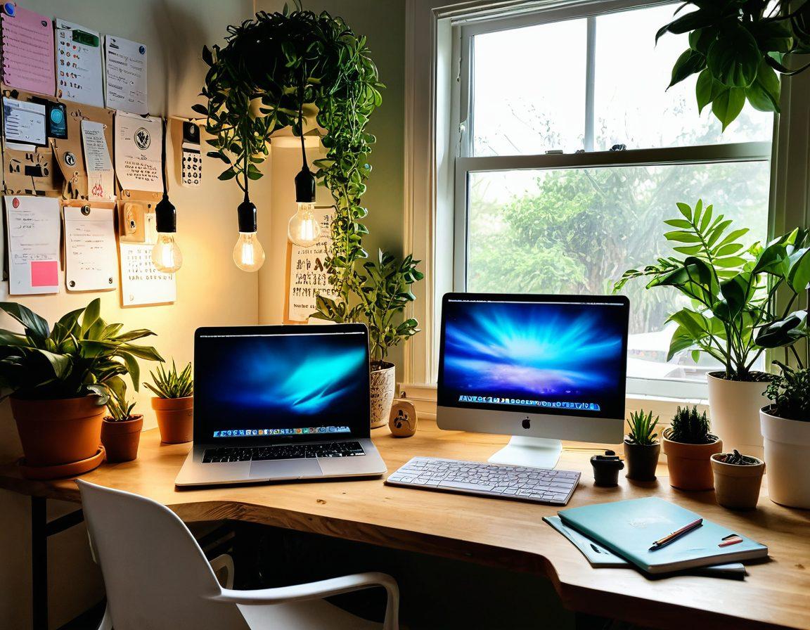 A vibrant workspace filled with colorful notebooks, art supplies, and a laptop with an open blogging platform on the screen. Sunlight streaming through a window, illuminating a brain-shaped light bulb to symbolize creativity. An inspiring quote on a wall behind, surrounded by plants for a fresh, lively atmosphere. super-realistic. vibrant colors. warm lighting.