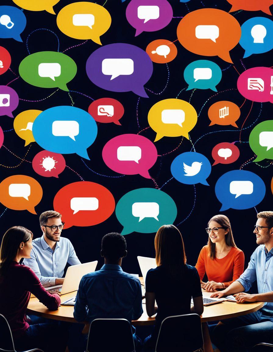 A vibrant digital collage showcasing a diverse group of people engaged in lively online discussions, surrounded by glowing chat bubbles and social media icons. Elements like laptops, tablets, and smartphones are integrated to illustrate connectivity, while colorful graphics symbolize ideas and collaboration. A warm and welcoming atmosphere conveys a sense of community and engagement. super-realistic. vibrant colors. 3D.