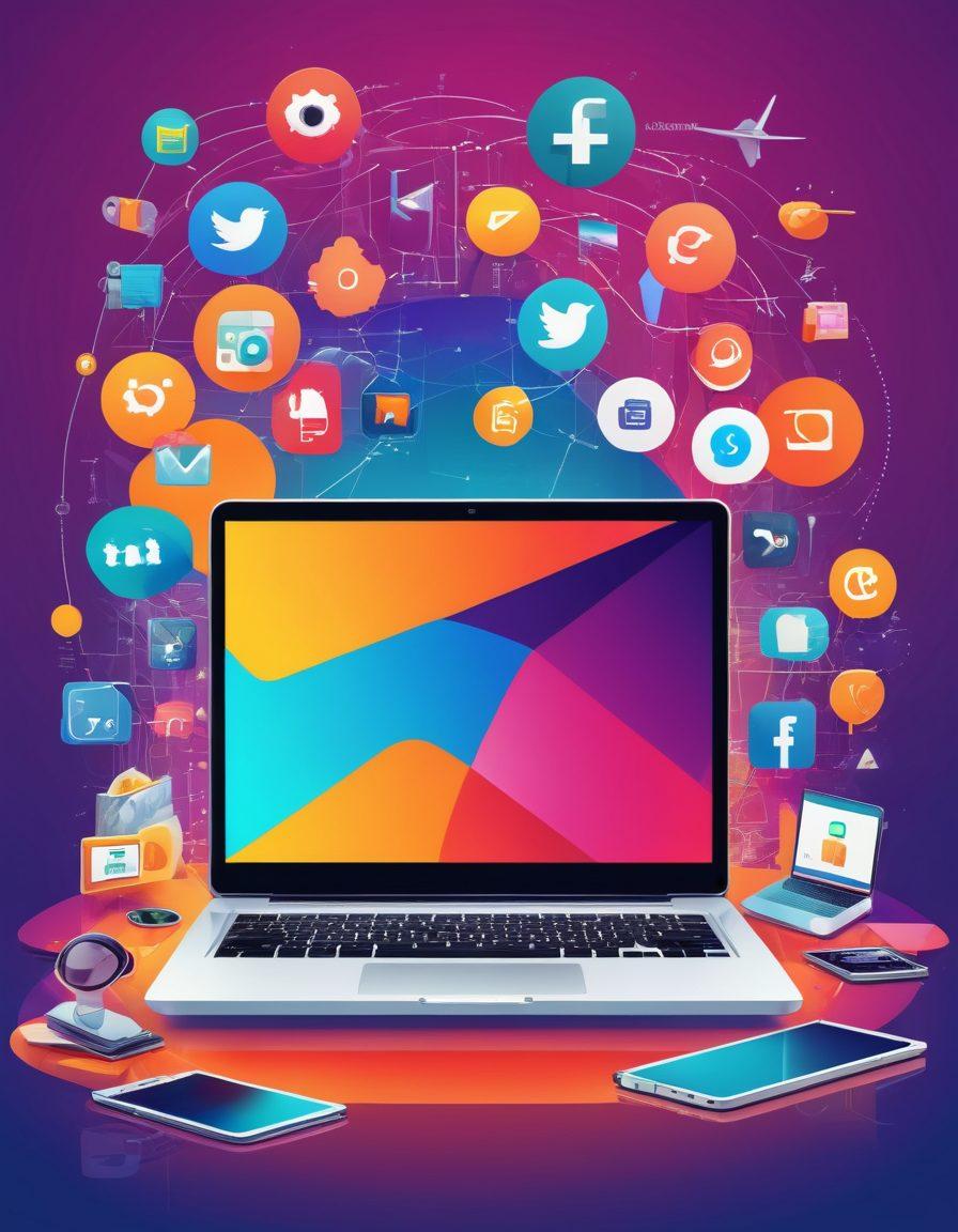 A dynamic digital workspace featuring a laptop displaying vibrant blogging interfaces related to lifestyle and technology. Surrounding the laptop are symbols of trends, such as social media icons, tech gadgets, and lifestyle elements like fashion and travel items. A colorful infographic of rising trends in the background adds depth. This scene embodies a fusion of creativity and technology. modern vector art. vibrant colors.